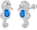 wholesale 925 Sterling Silver Sea Horse Stud Earrings with Blue Crystal Stone-0-0