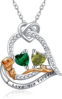 wholesale  Sterling Silver 2 Birthstones Rose Heart Necklace for Women -05-08-May-Aug
