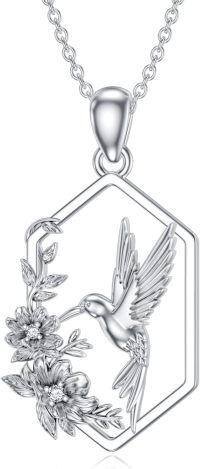wholesale 925 Sterling Silver Hexagon Hummingbird Pendant with Cubic Zirconias and Flowers Necklaces for Women-D