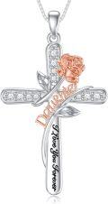 wholesale 925 Sterling Silver Rose Engraved Cross Pendant I Love You Forever Daughter Necklace for Women, 1.37 x 0.86, 18+2 Chain, Gift for Mom Grandma Wife Girlfriend-0-0