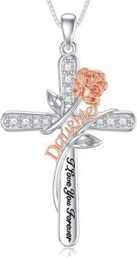 wholesale 925 Sterling Silver Rose Engraved Cross Pendant I Love You Forever Daughter Necklace for Women, 1.37 x 0.86, 18+2 Chain, Gift for Mom Grandma Wife Girlfriend-Non-personalized