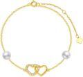 wholesale 10K Gold Pearl & Crystal Double Heart Charm Ankle Anklet for Women-0-0