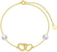 wholesale 10K Gold Pearl & Crystal Double Heart Charm Ankle Anklet for Women-10K Yellow Gold
