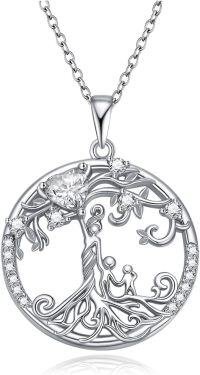 wholesale 925 Sterling Silver & 14K Gold Plated Round Cut Moissanite Family Tree Pendant Necklace for Women-Silver-Mother 2 Child