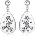 wholesale Sterling Silver Floral Teardrop Earrings w Birth Flower Engraved Gift for Women-0-0