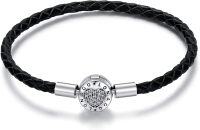 wholesale Sterling Silver Snake Chain Charm Bracelet w Barrel Clasp Birthday Gift for Women-Black Leather-6.7 inches