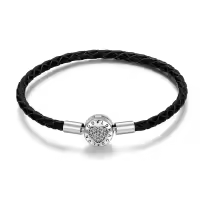 wholesale 925 Sterling Silver Leather Heart Charm Bracelet Wholesale with Magnetic Clasp - Birthday Gift for Her-Black Leather-6.7 inches