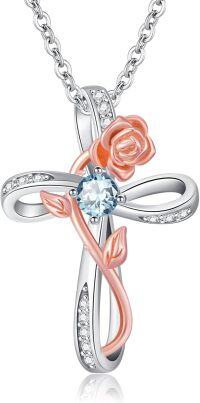 wholesale Two Tone Rose Gold 925 Sterling Silver Cross Pendant Necklace with 12 Cubic Zirconia Birthstones for Women-12-December Birthstone