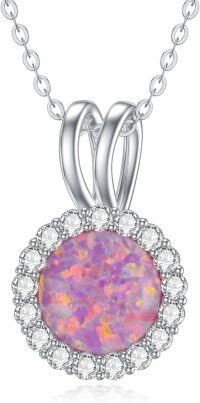 wholesale Sterling Silver Opal Necklace Round Opal Stone Pendant October Birthstone Gift-D_Rose Red