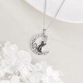 wholesale 925 Sterling Silver Crescent Moon with Black Cat and Cubic Zirconia Charm Pendant Necklace-0-4