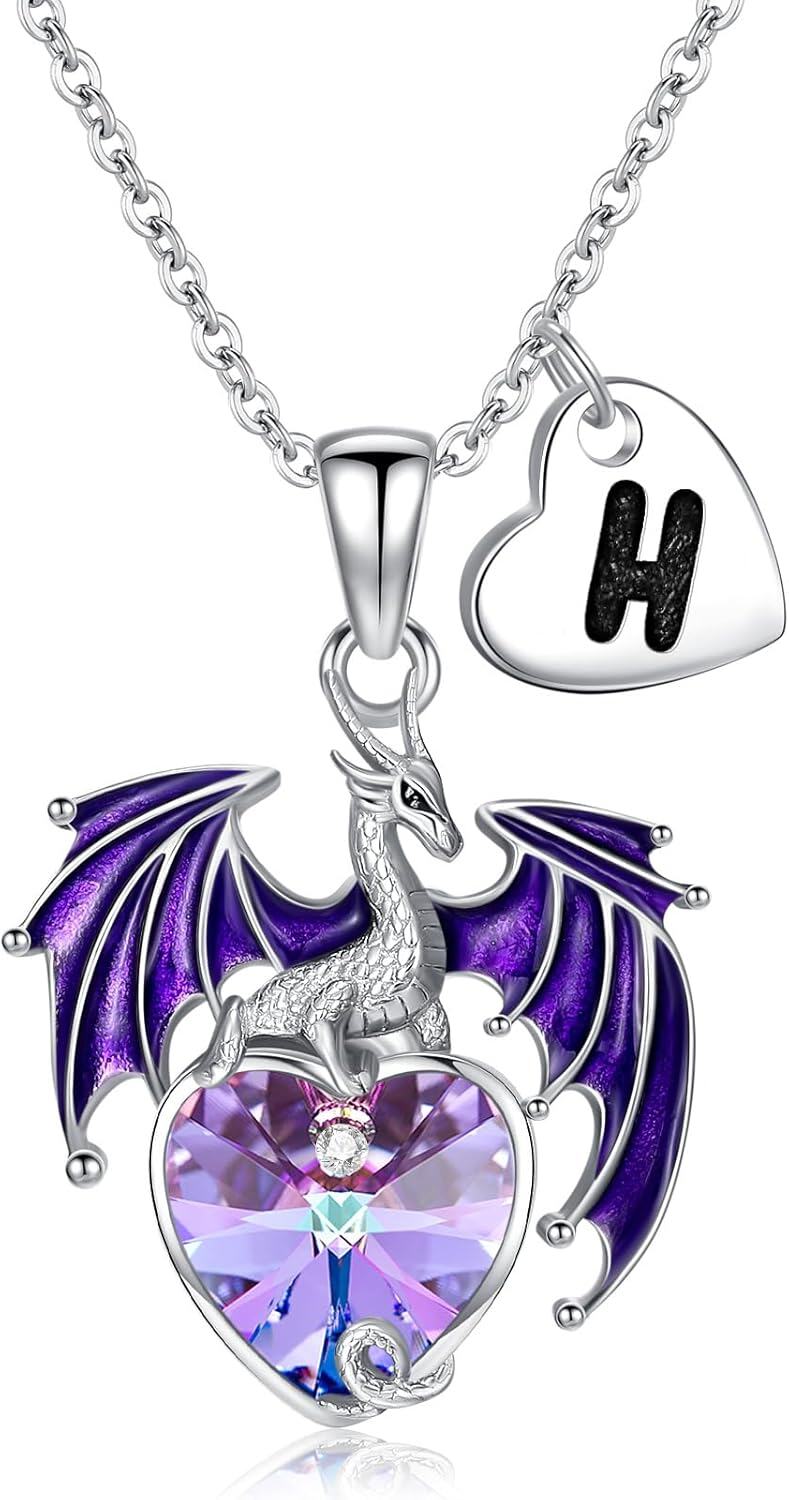 Sterling Silver Crystal Dragon Necklace with Heart Gift for Women-H