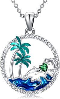 wholesale 925 Sterling Silver & Birthstone Dolphin Pendant Necklace with Palm Tree Ocean Wave, 20x20mm, 18+2 Adjustable Chain, Gift for Women-05-MayDolphin