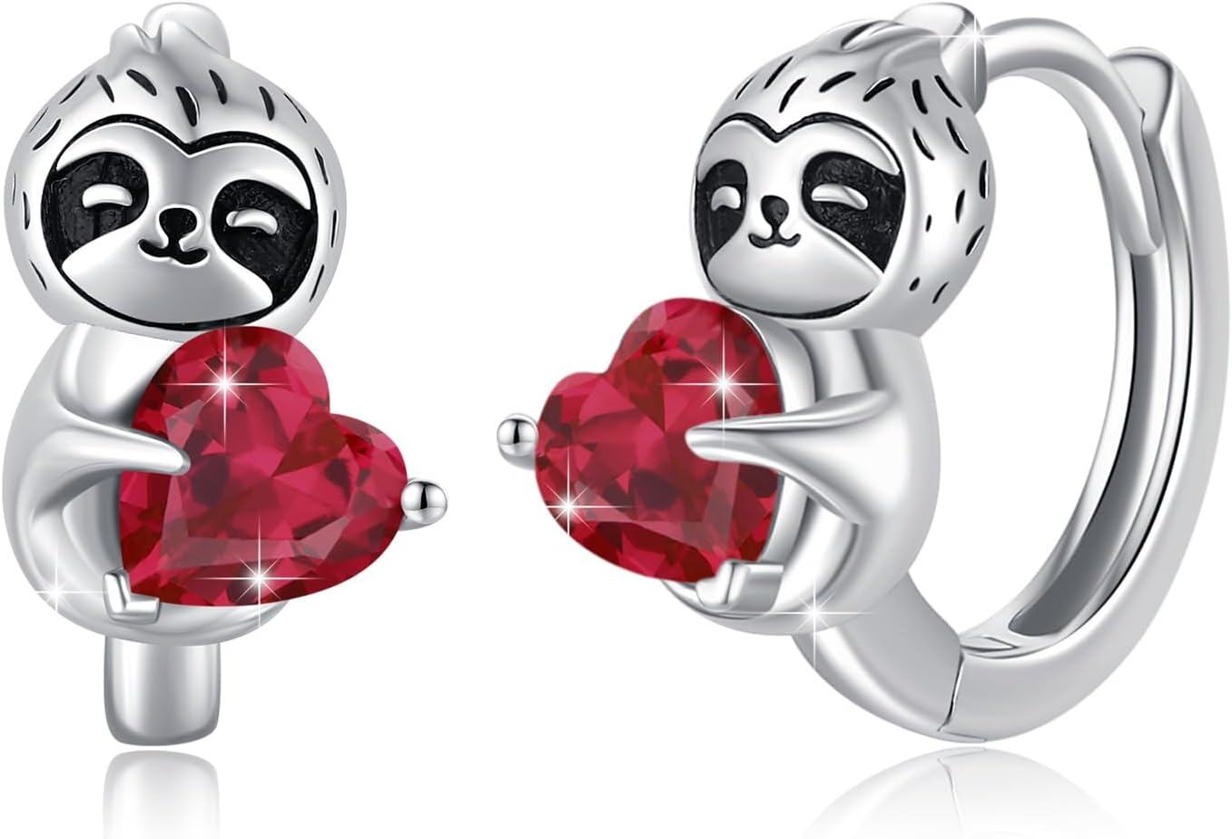 Sterling Silver Hypoallergenic Sloth Hoop Earrings for Women Girls Teens-Ruby Red