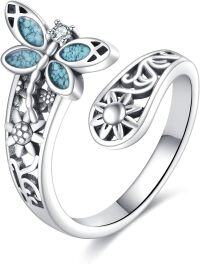 wholesale 925 Sterling Silver Turquoise Dragonfly Ring Adjustable Boho Nature Jewelry Gift-Turquoise Dragonfly Spoon Ring