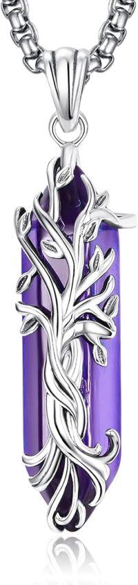 wholesale 925 Sterling Silver Purple Agate Healing Crystal Tree of Life Pendant Necklace-F June