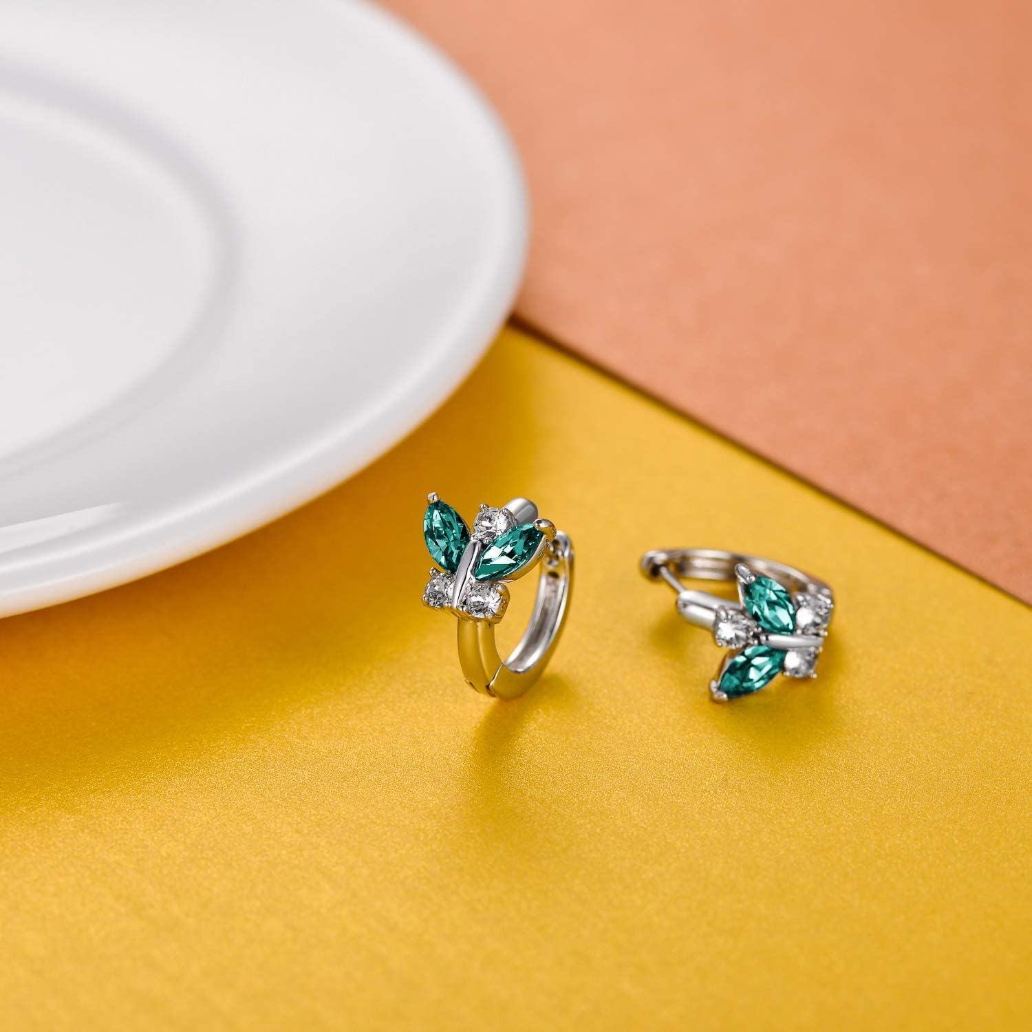 Sterling Silver Austrian Simulated Aquamarine Butterfly Hoop Earrings Hypoallergenic Gift for Women-0-3