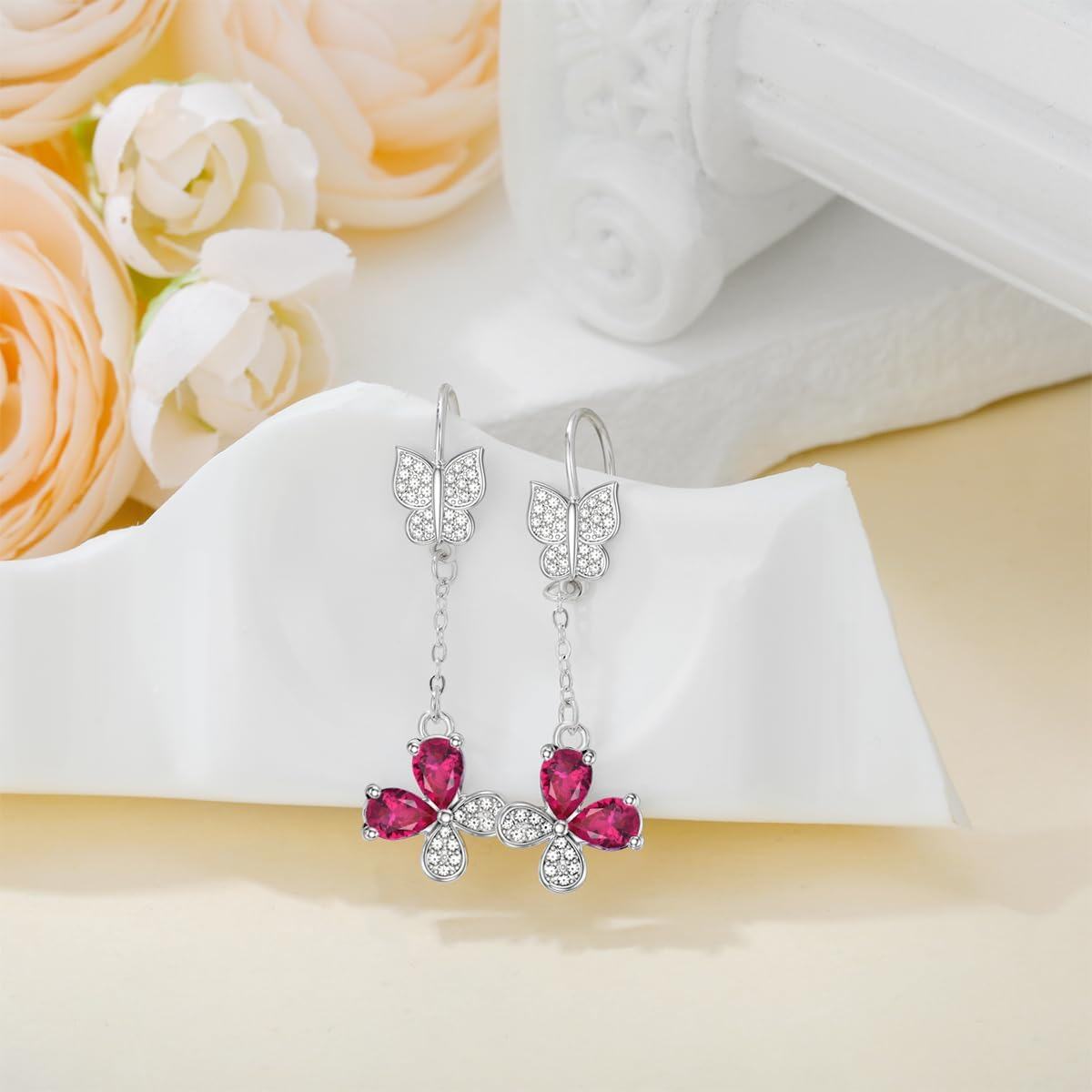 925 Sterling Silver 12 Birthstone Butterfly Threader Drop Earrings-0-2