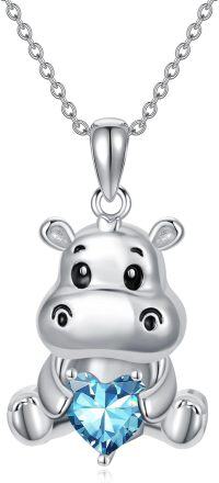 wholesale Sterling Silver Animal Birthstone Necklace Otter Axolotl Hippo Pendant Jewelry Gift for Women-12-Dec-Hippo