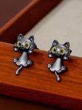 wholesale 925 Sterling Silver Black Cat Stud Earrings with Yellow Eyes and Pink Paws - Halloween  Ideas-0-1