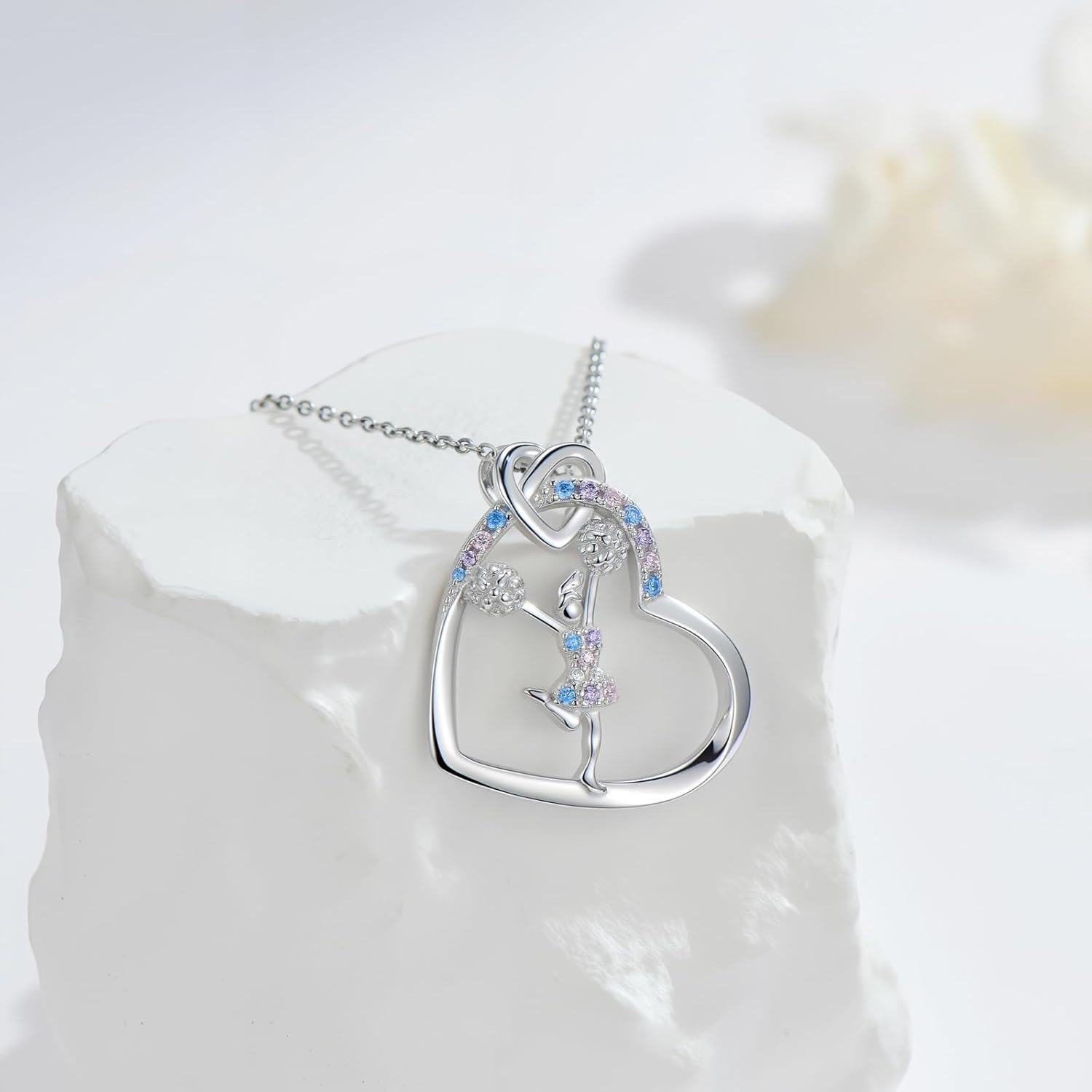 925 Sterling Silver Heart-Shaped Ballerina Dance Pendant Necklace with Multi-Colored Crystals and Chain for Women-0-1