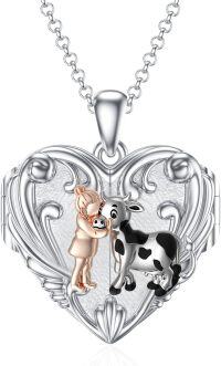 wholesale 925 Sterling Silver Heart-Shaped Cow and Girl Charm Locket Necklace - Mother's Day Gifts for Mom Daughter-Cow Locket Necklace