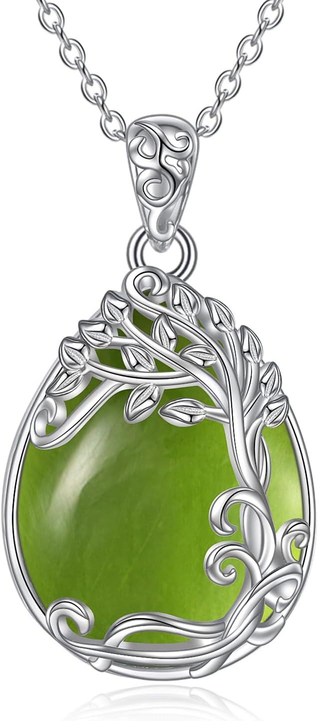 Sterling Silver Moonstone Filigree Teardrop Pendant Necklace for Women-QQ-Tree of Life Green Peridot Necklace