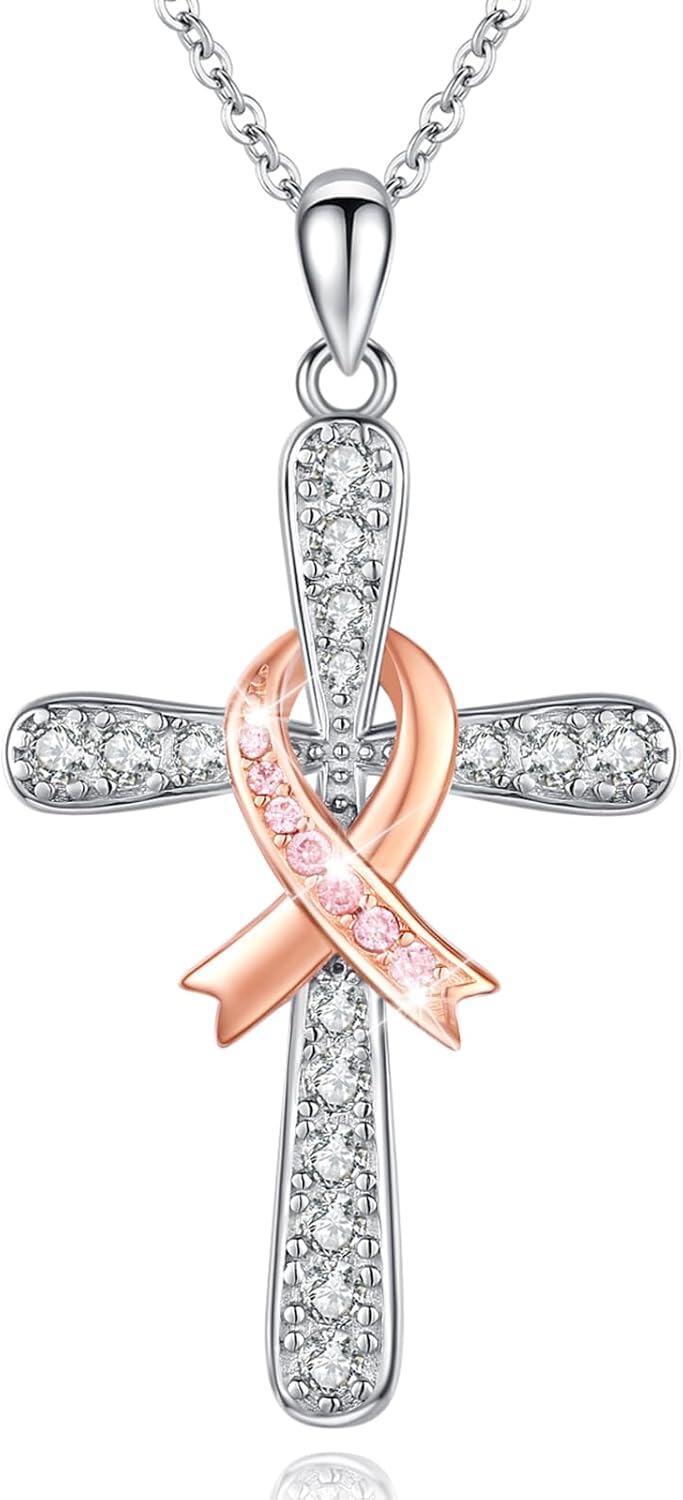 Sterling Silver Stone Breast Cancer Awareness Necklace Cross Dragonfly Pendant for Survivors-0-1