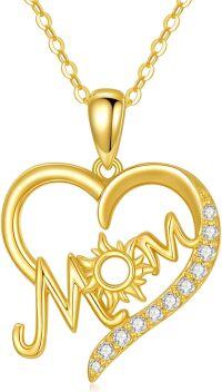 wholesale 14K Gold Mom Heart Pendant Necklace with Cubic Zirconia - Mother's Day Gift for Mom/Wife/Friend/Her-14K Yellow Gold