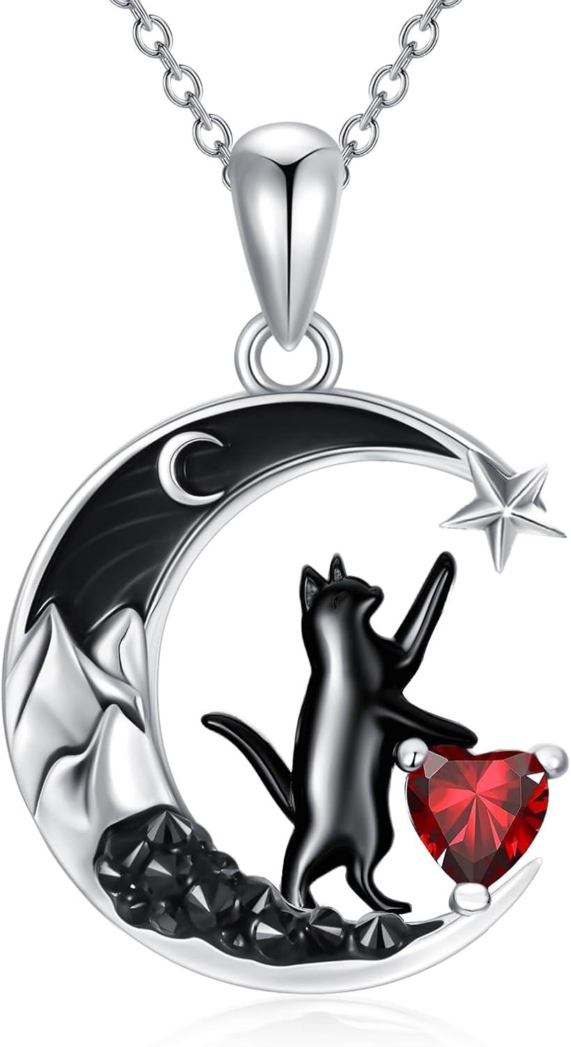 Sterling Silver Black Cat Necklace with Heart Birthstone Crescent Moon Star Pendant Gothic Jewelry Gift for Women Wife Cat Lover-03-Mar-Aquamarine