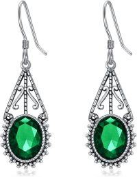 wholesale Sterling Silver 10mm Oval Cut Birthstone Oxidized Filigree Dangle Earrings-05-Emerald-Green