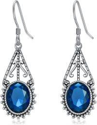 wholesale Sterling Silver 10mm Oval Cut Birthstone Oxidized Filigree Dangle Earrings-09-Sapphire-Blue