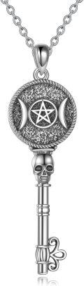 wholesale 925 Sterling Silver Pentagram Skull Key Pendant Triple Moon Goddess Necklace Wiccan Jewelry-0-0