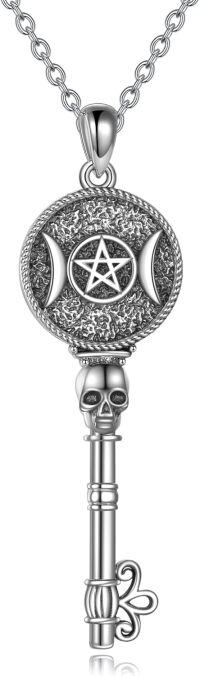 wholesale 925 Sterling Silver Pentagram Skull Key Pendant Triple Moon Goddess Necklace Wiccan Jewelry-Hecate necklace