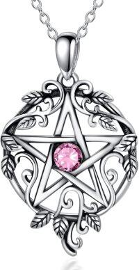 wholesale 925 Sterling Silver Pentagram Necklace with Birthstone Wiccan Tetragrammaton Gift for Women-10-Oct