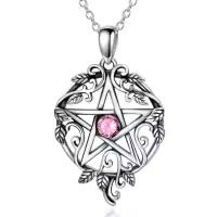 wholesale 925 Sterling Silver Pentagram Necklace with Birthstone Wiccan Tetragrammaton Gift for Women-10-Oct