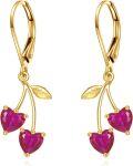 wholesale 925 Sterling Silver Heart-Shaped Ruby and Gold Leaf Dangle Earrings-0-0