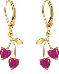 wholesale 925 Sterling Silver Heart-Shaped Ruby and Gold Leaf Dangle Earrings-Cherry