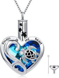 wholesale Silver Turtle Heart Keepsake Pendant with Blue Crystal and Funnel - 925 Sterling Silver Urn Necklace for Ashes Cremation Memory Jewelry-Turtle Urn