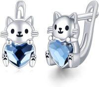 wholesale 925 Sterling Silver Cat Heart Blue Crystal Studs Huggies Earrings for Women Girls-22-Cat hoop