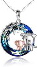 wholesale 925 Sterling Silver Mother and Baby Elephants on Blue Rainbow Crystal Necklace Gift for Mom-0-0