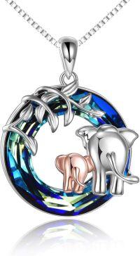 wholesale 925 Sterling Silver Mother and Baby Elephants on Blue Rainbow Crystal Necklace Gift for Mom-blue