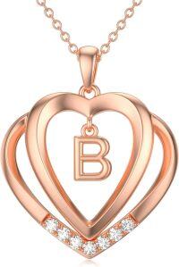 wholesale Sterling Silver Moissanite Heart Initial Pendant Necklace for Her-Rose Gold - B Initial