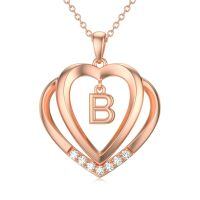 wholesale 925 Sterling Silver Moissanite Heart Initial Pendant Necklace for Her-Rose Gold - B Initial