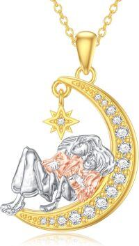 wholesale 925 Sterling Silver Plated Gold  Moon & Star Family Love Pendant Necklaces for Dad and Son-Sisters-Moon
