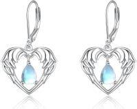 wholesale 925 Sterling Silver Moonstone Heart Angel Wing Drop Leverback Earrings-Angel wings earrings