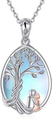 wholesale 925 Sterling Silver Blue Moonstone Tree of Life Pendant with Black Cat Charm Necklace for Women-Grandma Granddaughter Necklace