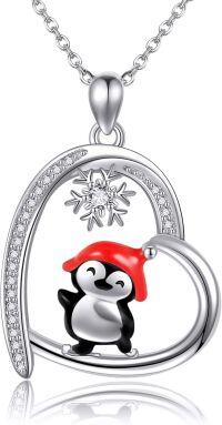 wholesale 925 Sterling Silver Penguin Snowflake Heart-Shaped Pendant Necklace for Women and Girls-Penguin