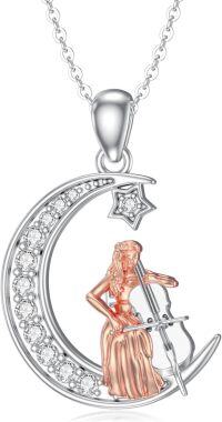 wholesale 925 Sterling Silver Crescent Moon & Star with Cellist Pendant Necklace - Musical Instrument Themed Jewelry for Women-Cello