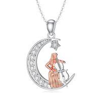 wholesale 925 Sterling Silver Crescent Moon & Star with Cellist Pendant Necklace - Musical Instrument Themed Jewelry for Women-Cello