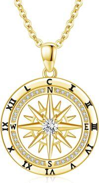 wholesale Gold 925 Sterling Silver Vintage Compass Pendant Necklace with Cubic Zirconia Gifts for Women and Men-Compass Necklace（Yellow）